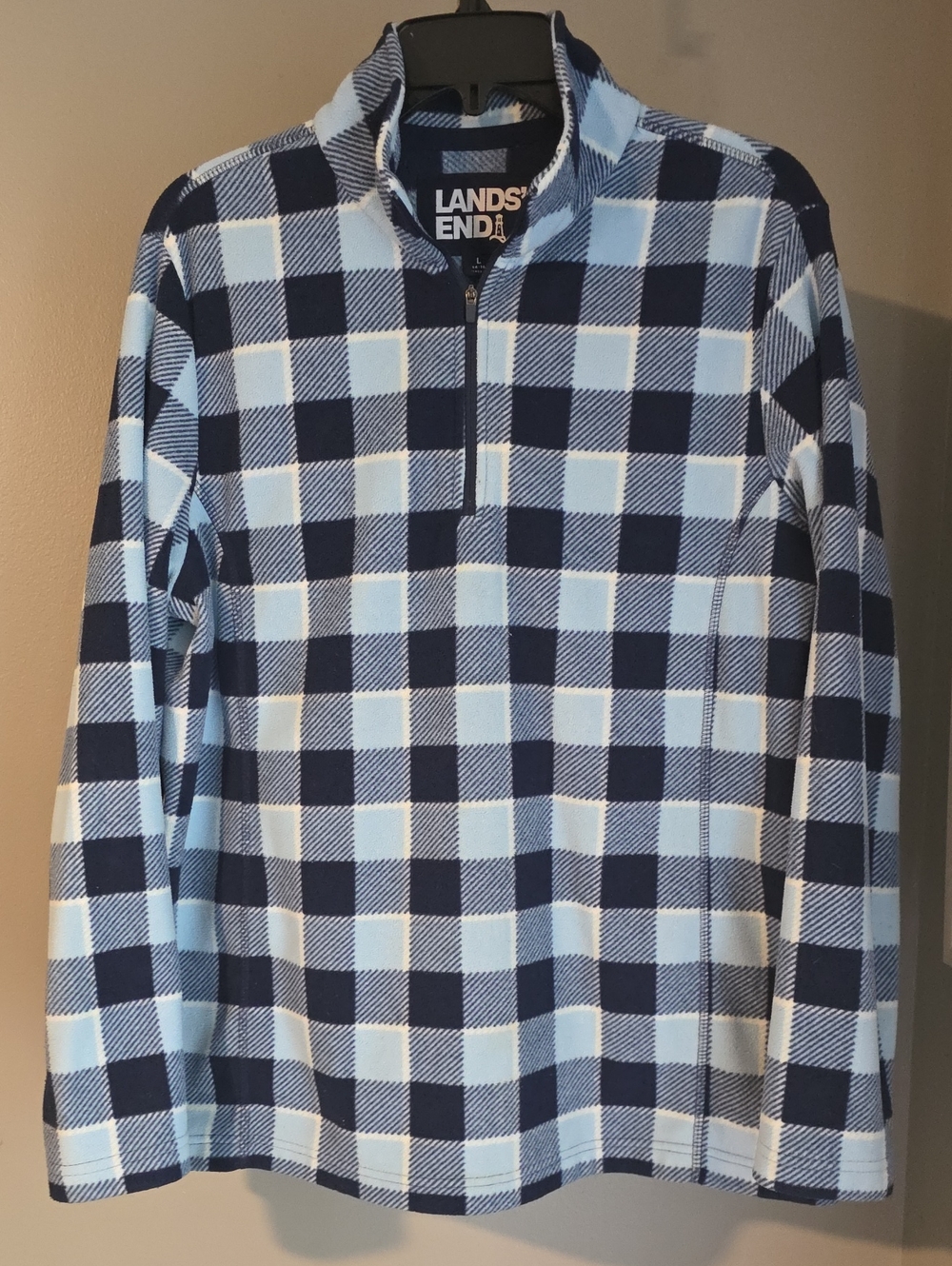 Lands' End Women's Navy and Light Blue Plaid Quarter-Zip Sweater Size L